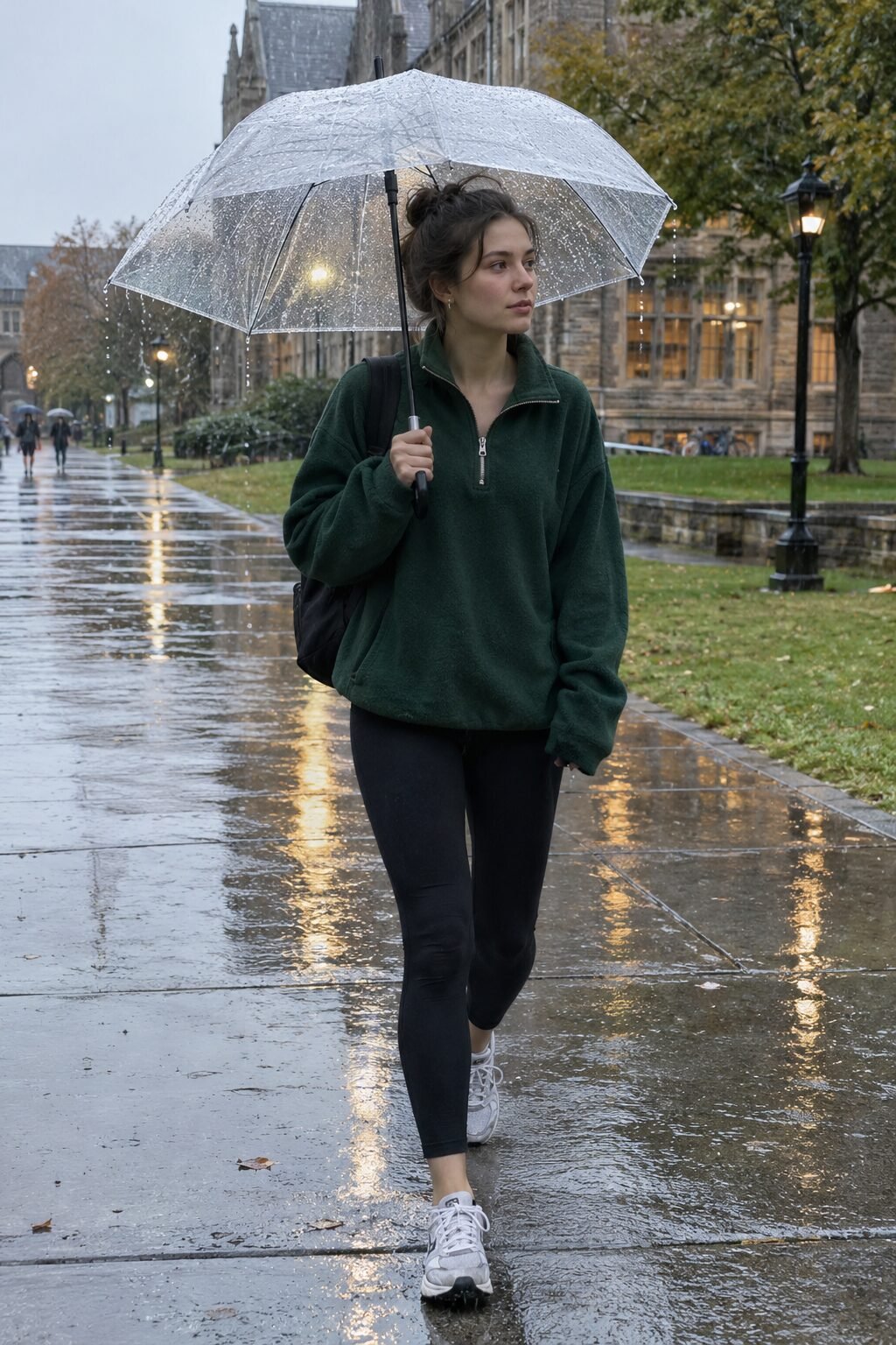rainy-day college outfit: green half-zip fleece pullover with black cashmere-blend leggings