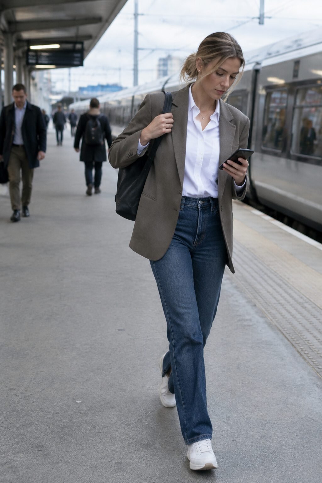 high-waisted jeans, tucked button-down, and blazer, a work-morning first day of school outfit