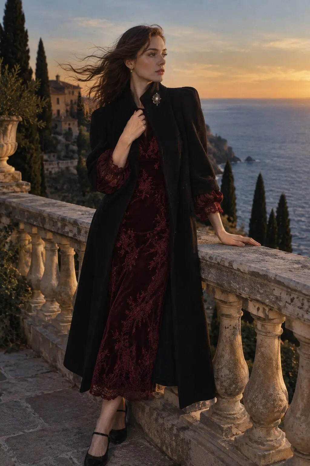 old Hollywood vampire Halloween outfit: burgundy velvet lace dress with black funnel neck wool coat