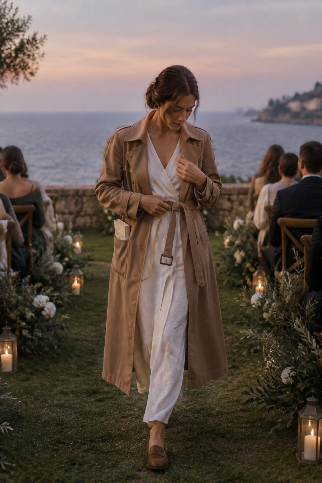 outdoor garden wedding guest outfit: white linen wrap dress with a camel trench coat