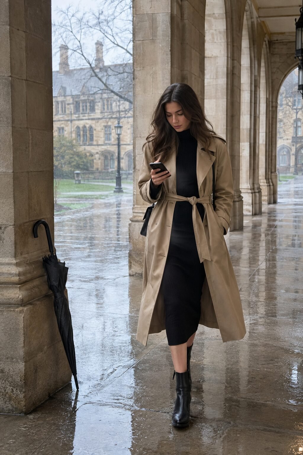 rainy fall college outfit: khaki trench coat over a black midi sweater dress for a wet campus commute
