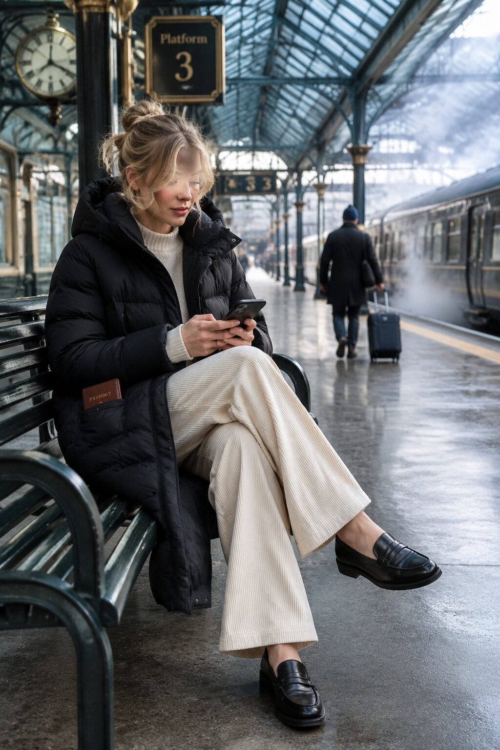 travel classy winter outfit: black long puffer coat, cream wide-leg trousers, black loafers