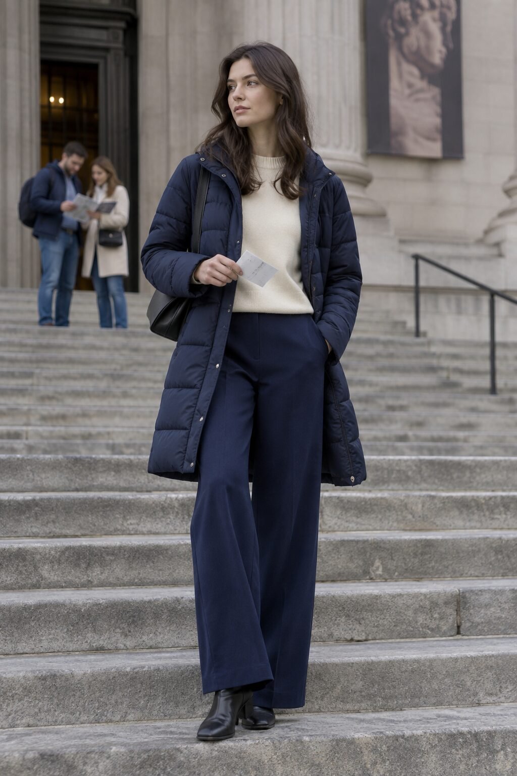 winter capsule wardrobe outfit: cream cashmere sweater, navy ponte trousers, and navy quilted puffer jacket