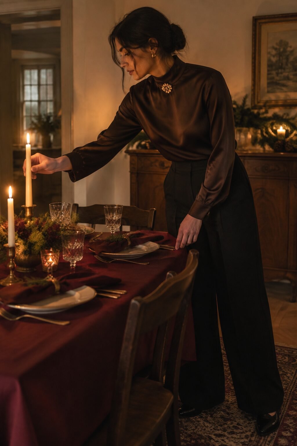 espresso satin mockneck blouse and black wide-leg trousers intimate holiday dinner outfit with a brooch at the collar