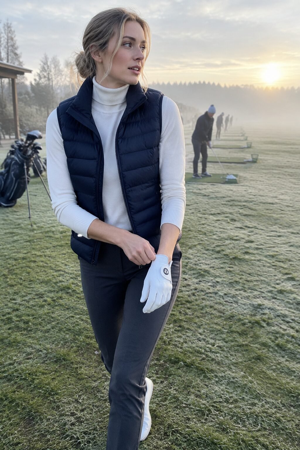 outdoor golf practice winter country club outfit: navy down puffer vest over a white cashmere turtleneck