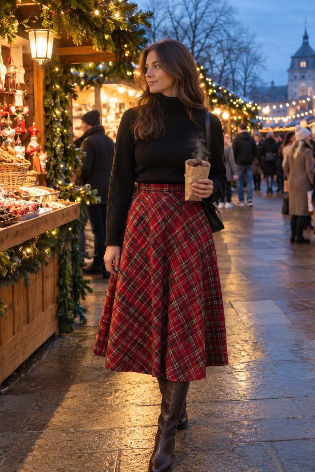 office holiday party outfit idea: red plaid midi skirt with black turtleneck and knee-high boots