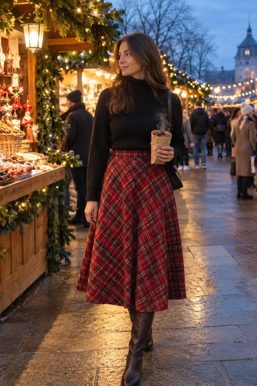 office holiday party outfit idea: red plaid midi skirt with black turtleneck and knee-high boots