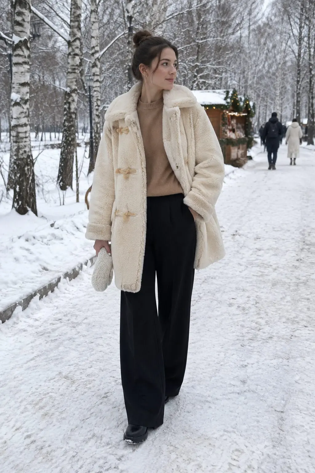 old money winter jacket outfit: oversized cream shearling duffle coat over a camel cashmere sweater and black tailored trousers