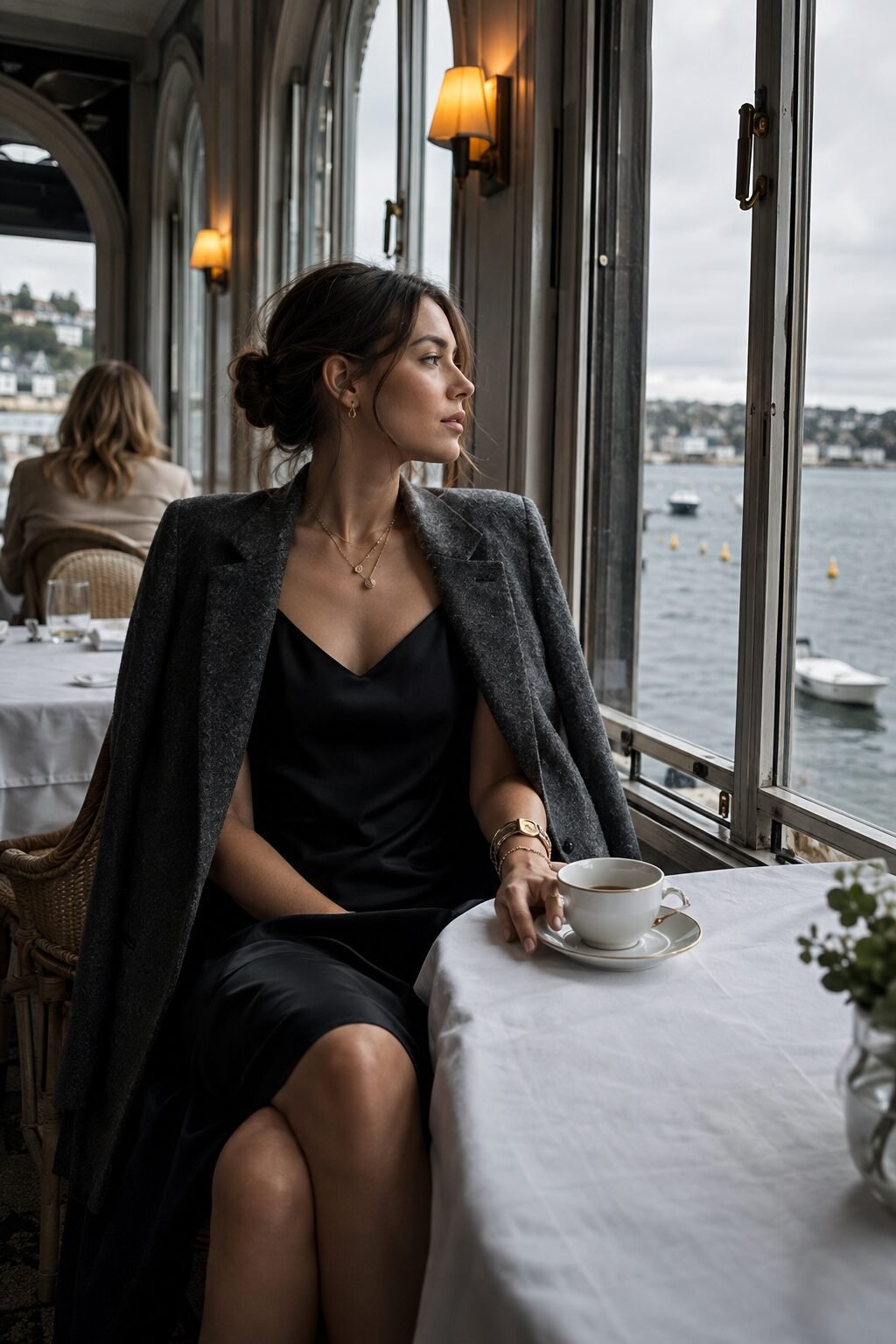 old money afternoon tea outfit with a black silk slip dress, charcoal blazer coat, and a gold cuff and chain bracelet stack