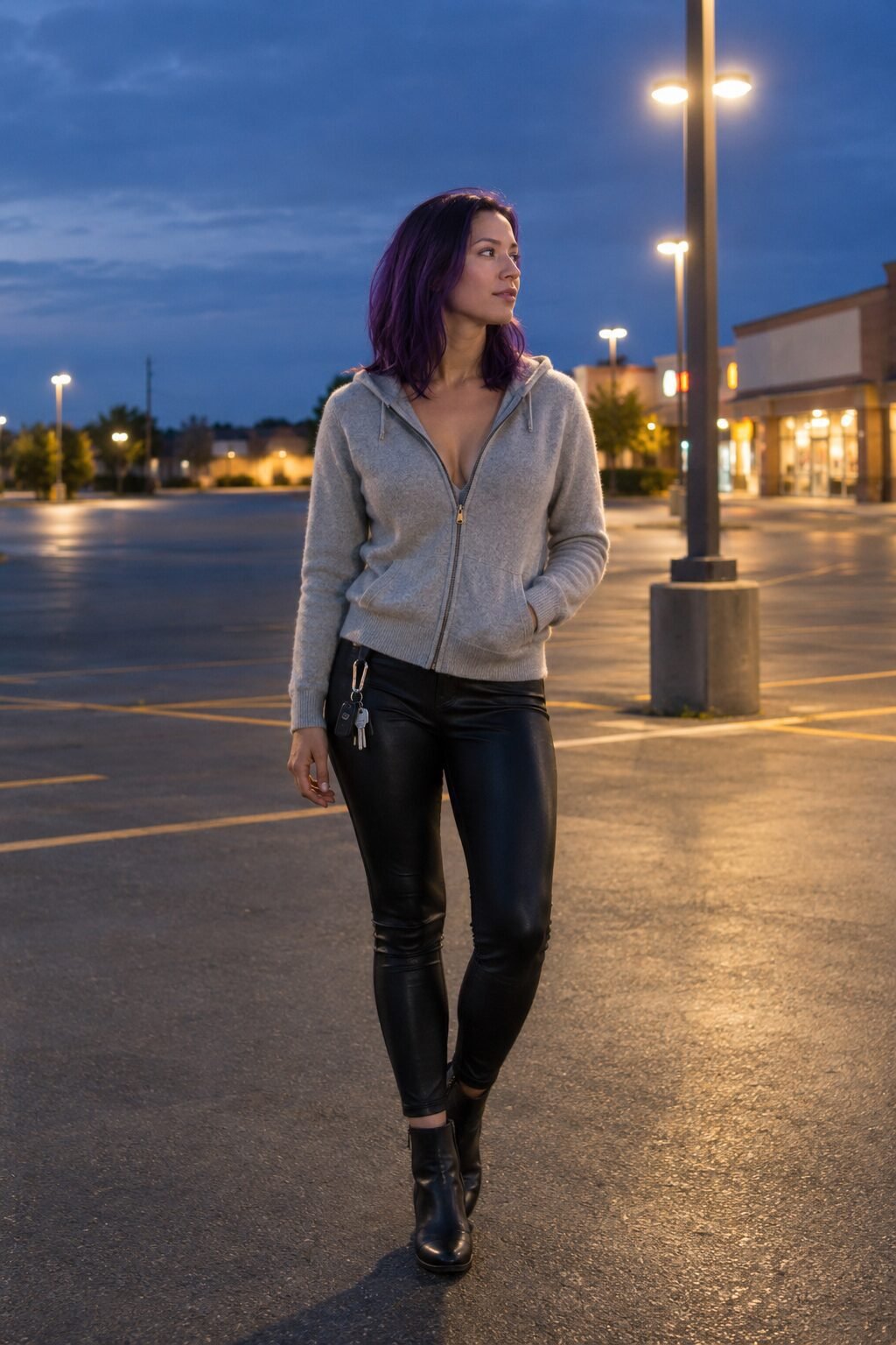 cashmere outfit for winter: heather grey hooded cashmere full-zip pullover with black faux leather leggings
