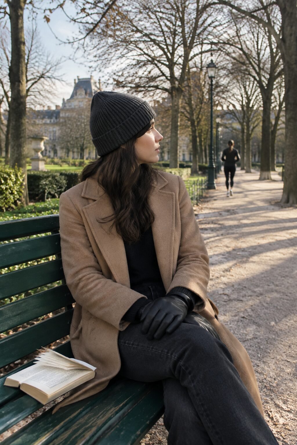 woman wearing cashmere gloves and a wool beanie on a cold Paris walk