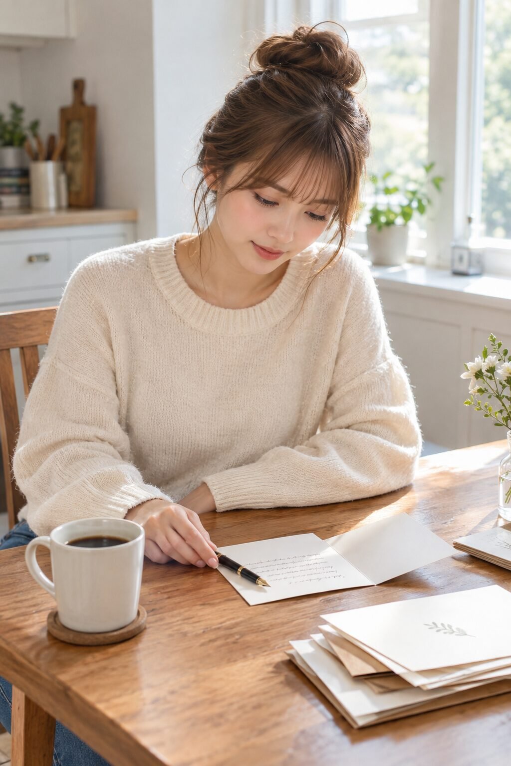 Woman writing a handwritten thank-you note at her kitchen table the day after a holiday party