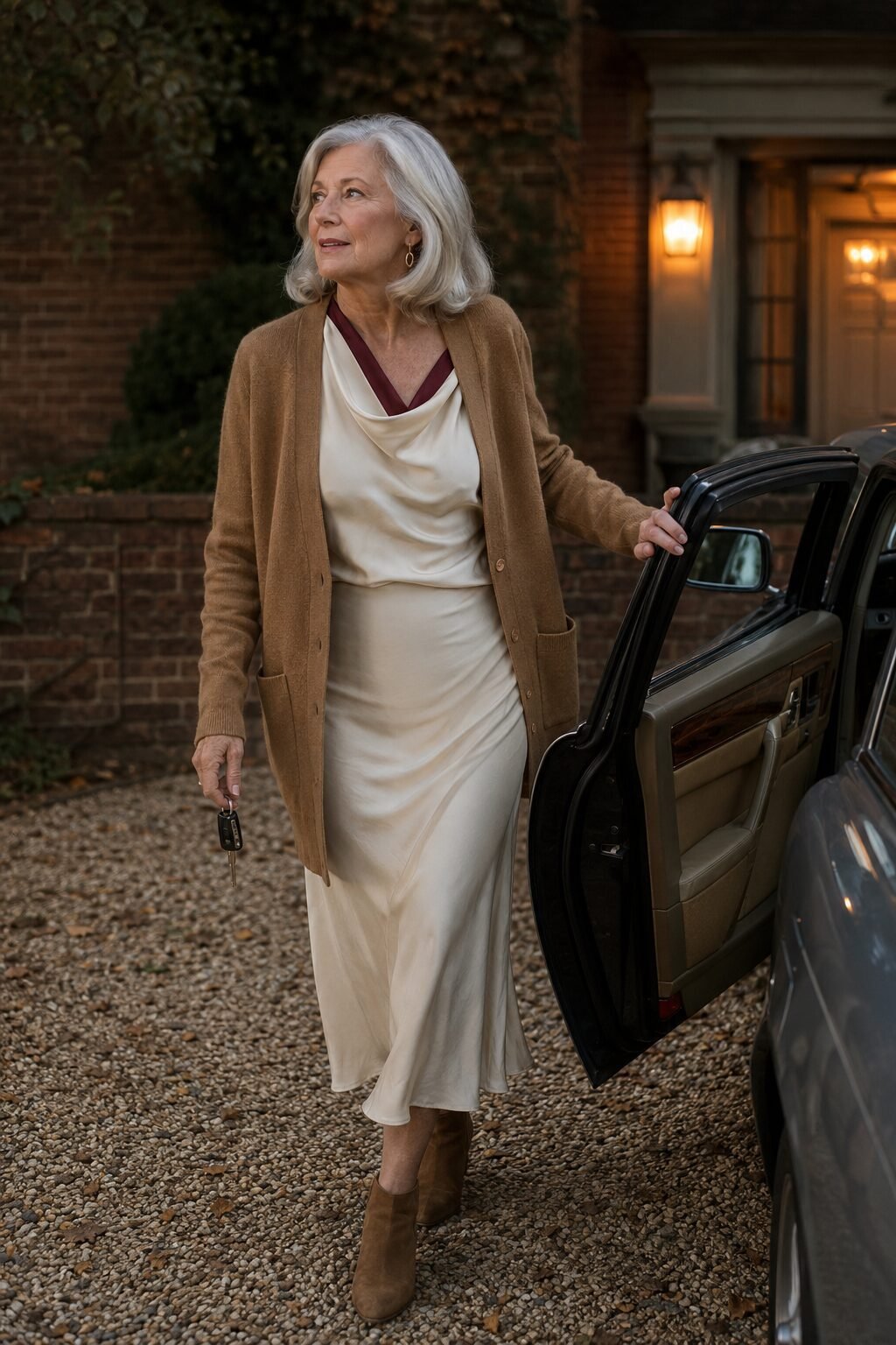 elegant thanksgiving outfit for women in their 70s: cream silk midi dress, camel cardigan, and ankle boots for a casual-elegant Thanksgiving