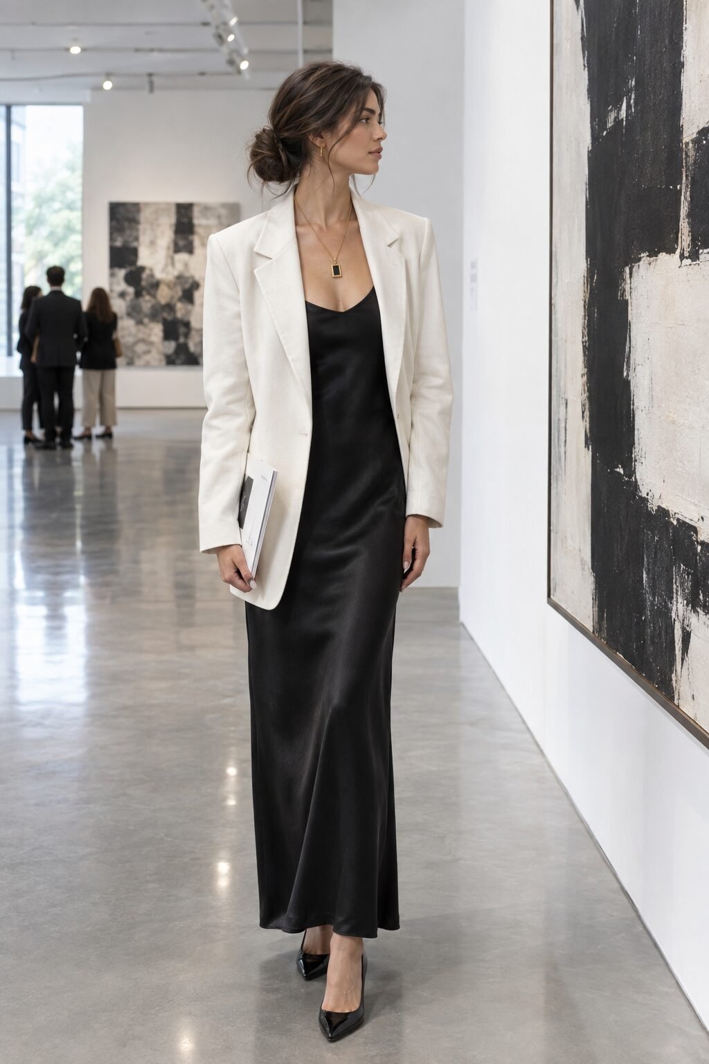 old money date night outfit: black silk slip dress and open blazer with a black and gold statement necklace
