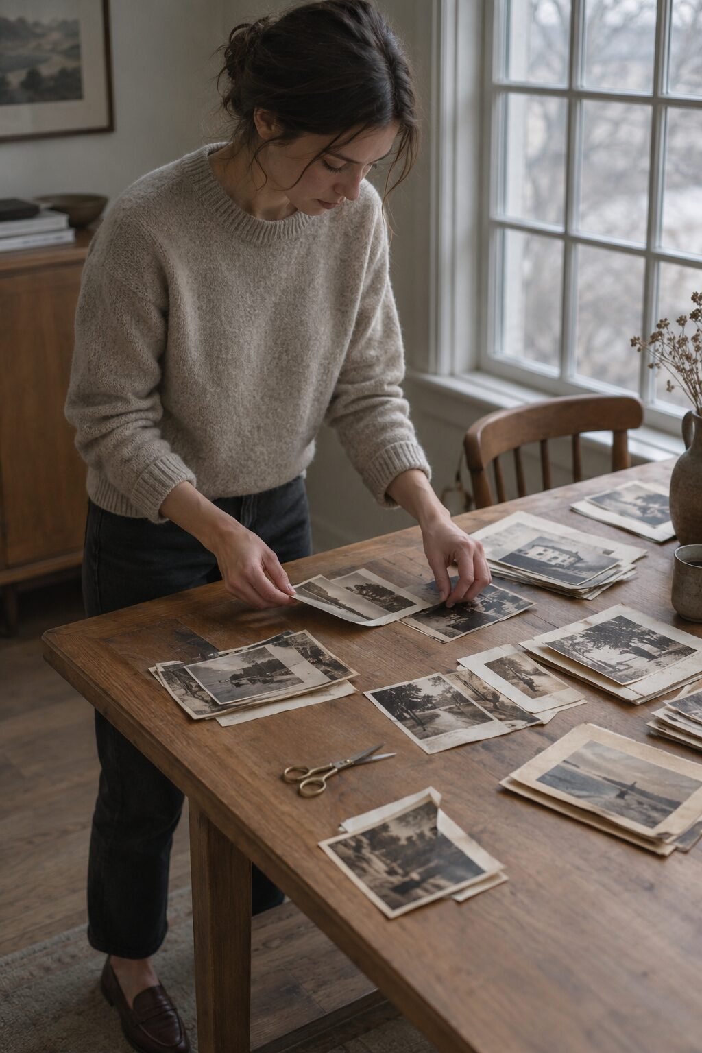 Printed images laid out on a wooden table, showing hands-on intention while choosing a physical format for a 2027 vision board
