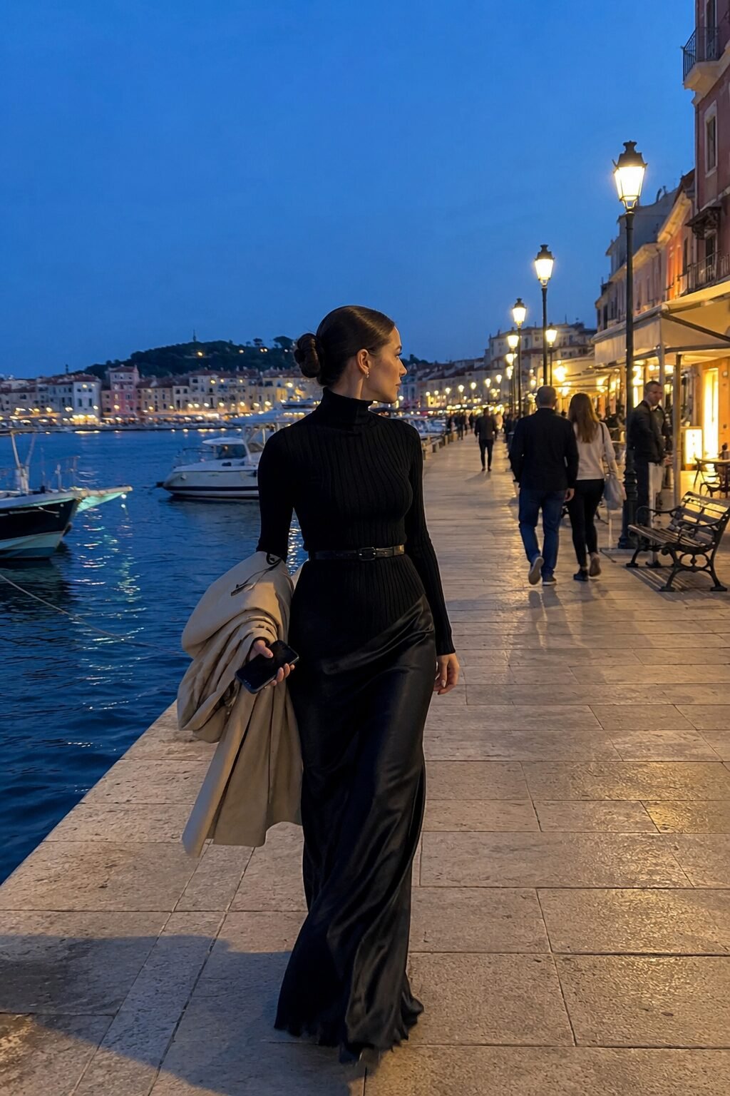 how to style a black turtleneck with a black satin maxi skirt and a thin belt for evening