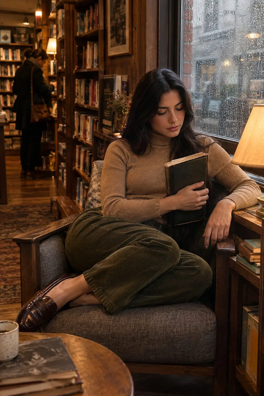 olive corduroy pants outfit for fall with camel turtleneck sweater and brown penny loafers