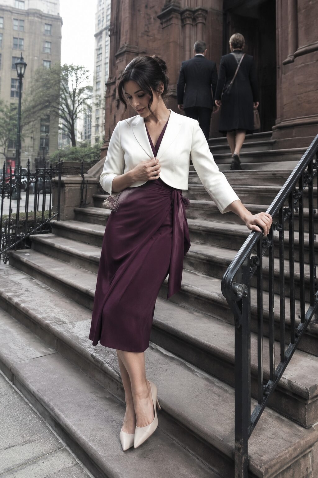 how to style a wrap dress with a cropped bolero: plum wrap dress and ivory bolero for an indoor city ceremony