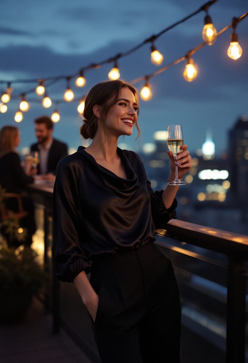black silk blouse with tailored trousers, elegant holiday party outfit formula