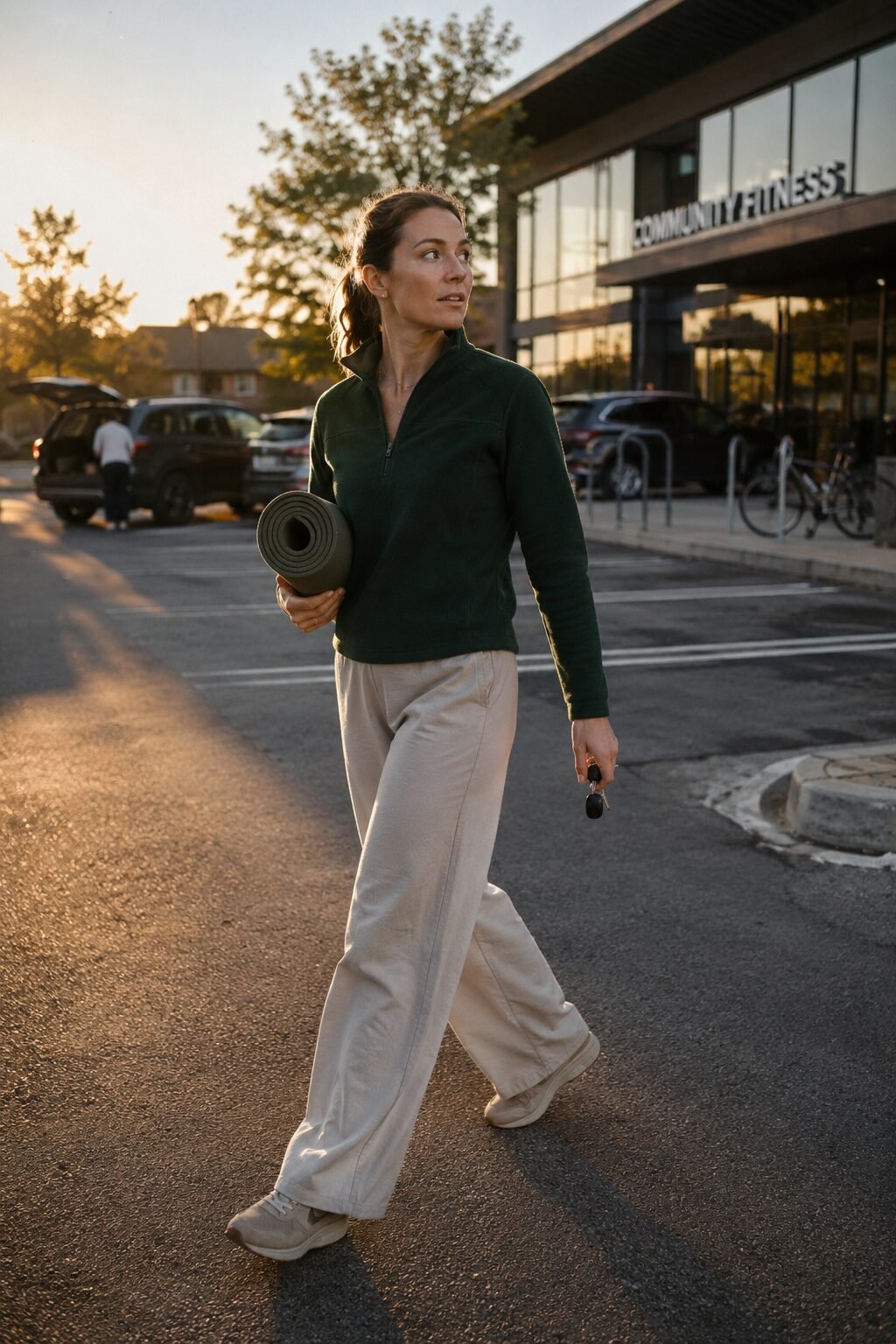 elevated errand outfit: forest green fleece quarter-zip with stone wide-leg trousers