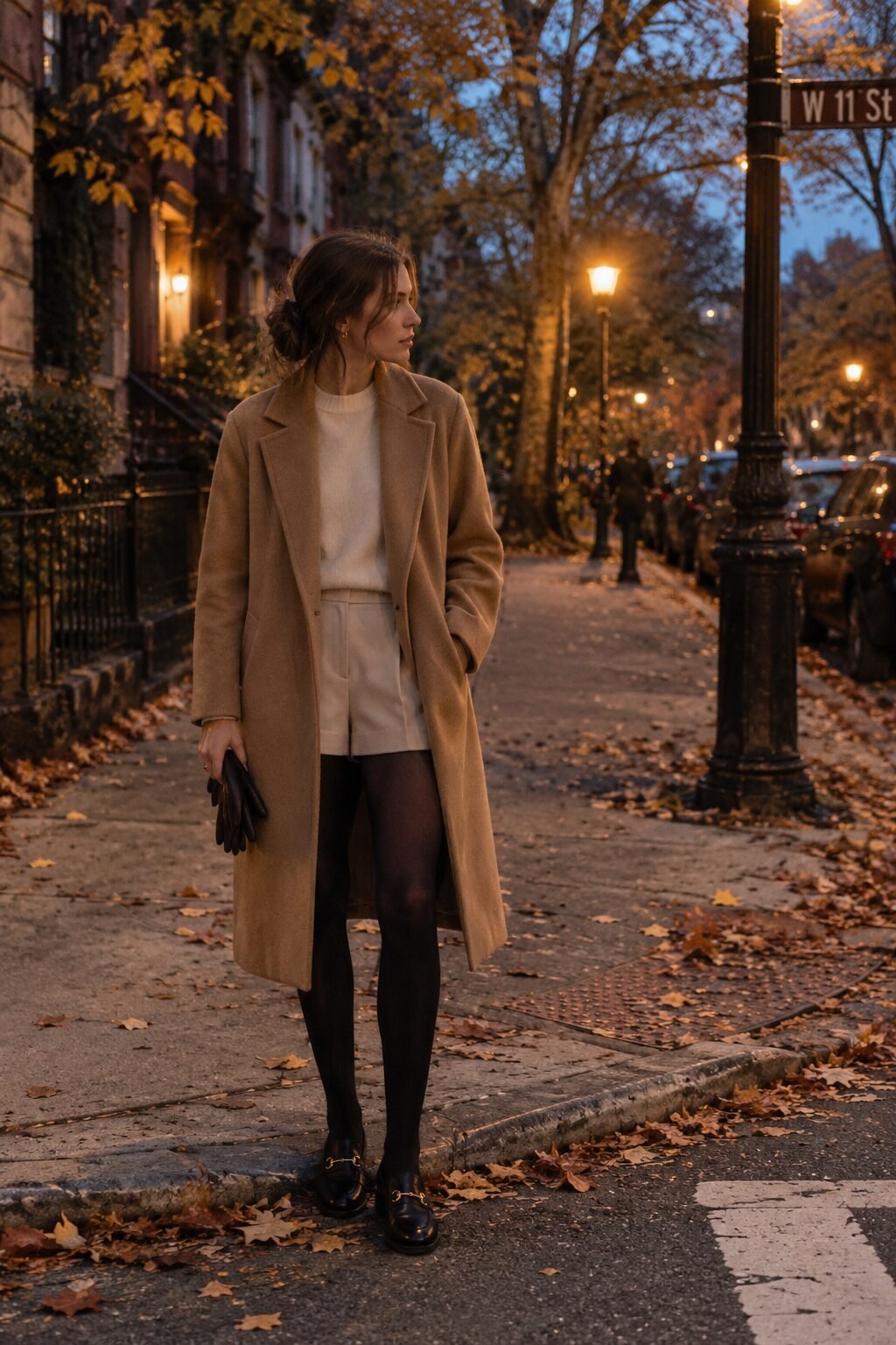 woman wearing a camel wool coat over tailored shorts and opaque tights for a transitional fall evening