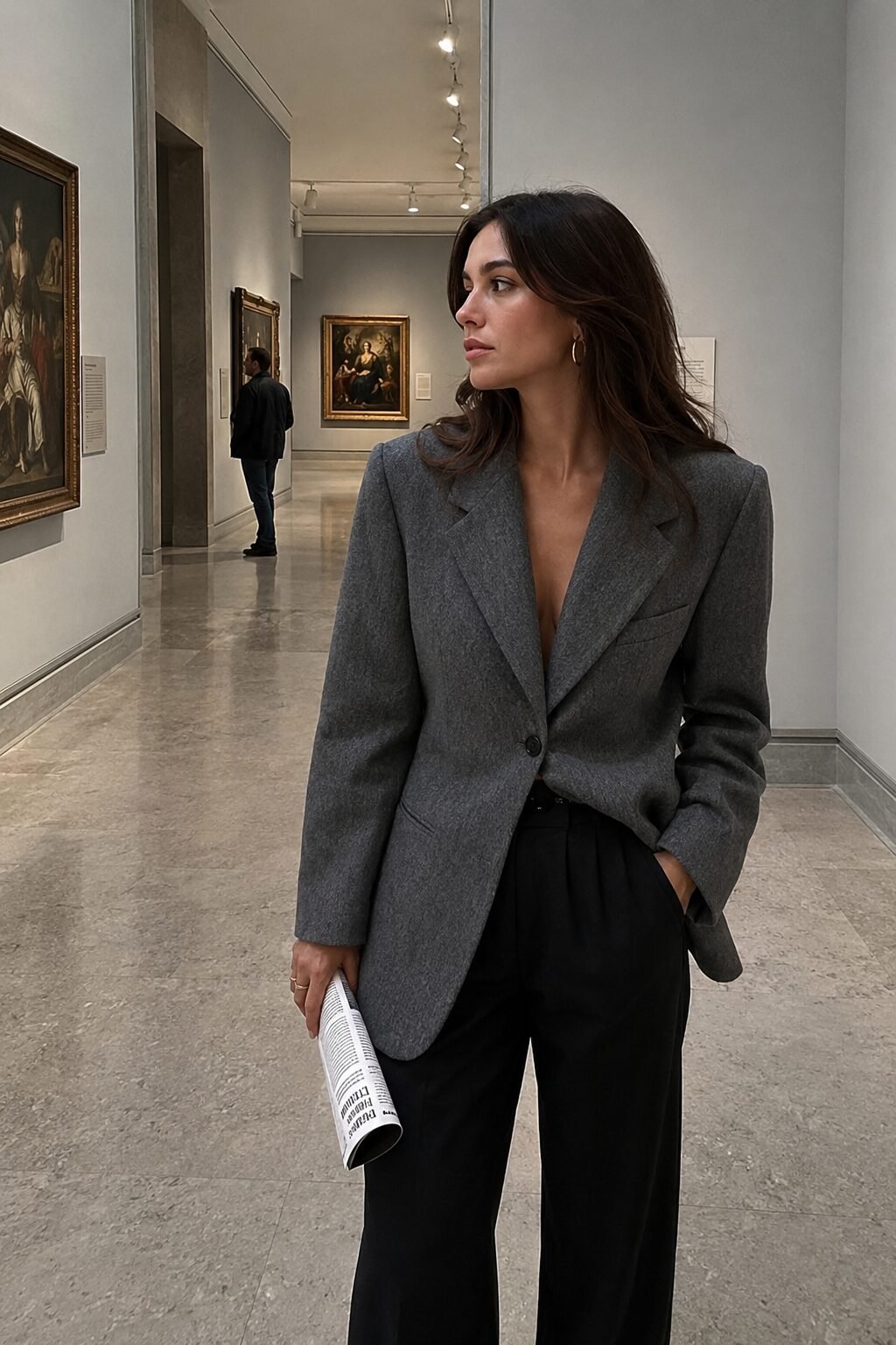elegant Halloween outfit: grey oversized blazer with black tailored trousers
