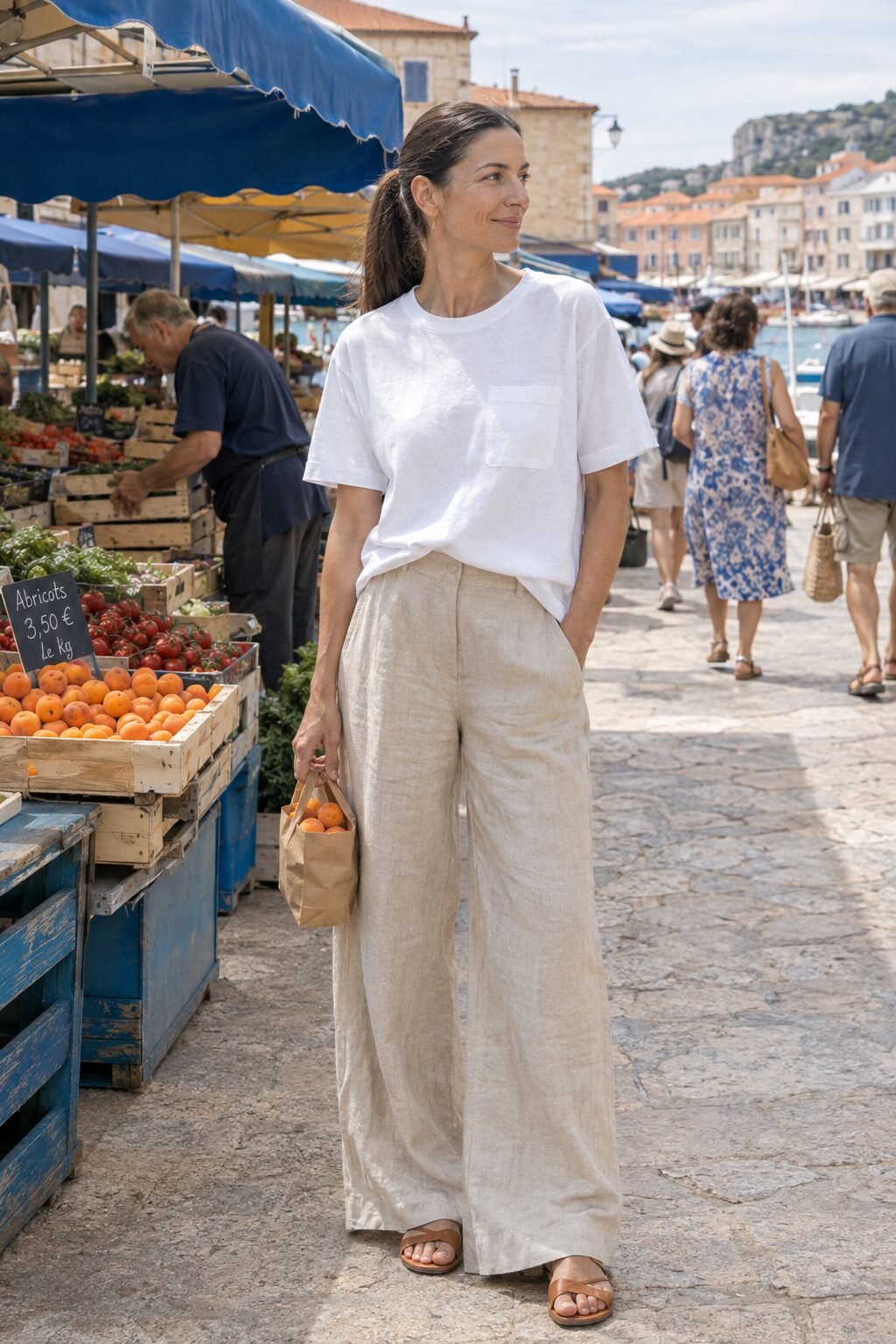 woman in flax linen wide-leg pants and a white pocket cotton tee walking through a sunlit market