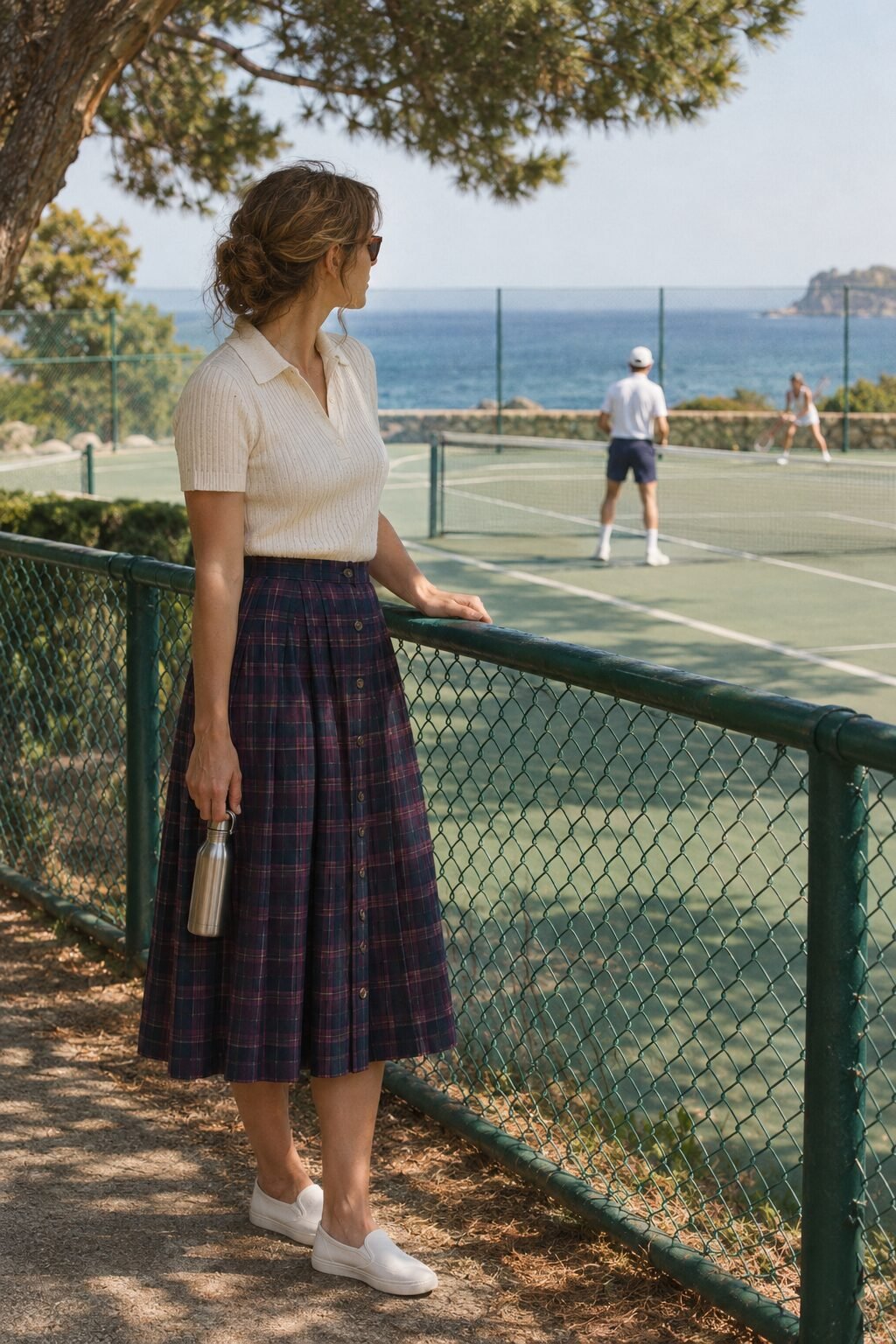 old money outfit for a tennis match: ivory rib knit polo, navy and plum check pleated midi skirt and white slip-on sneakers