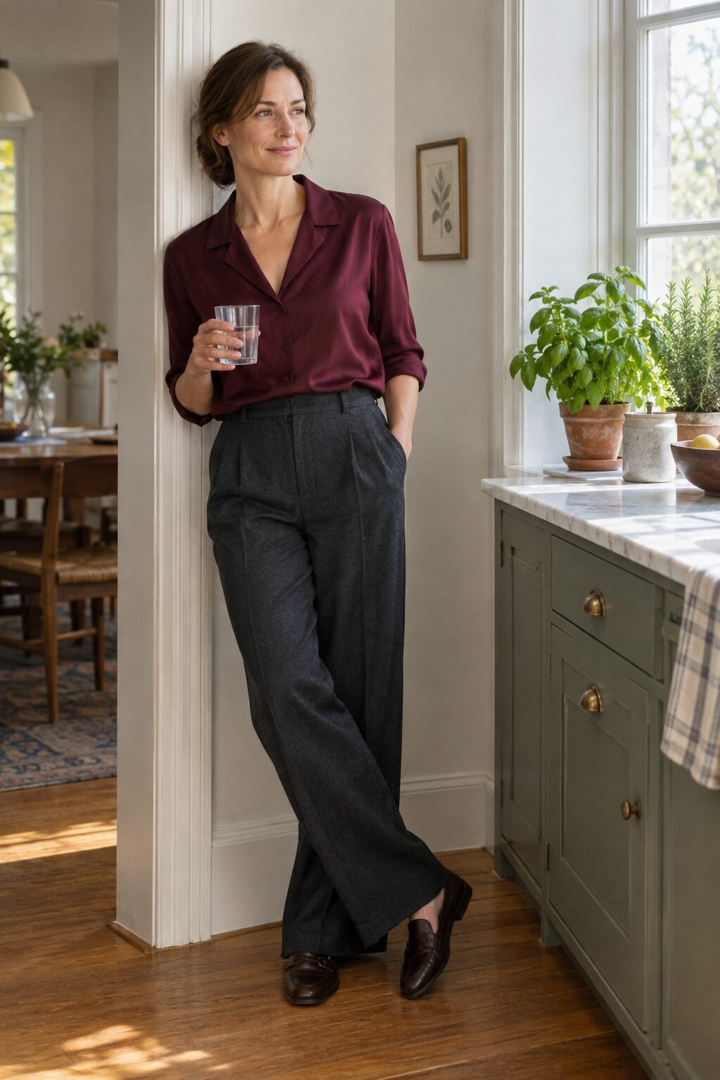 elegant holiday host outfit: a wine red silk blouse with tailored trousers, relaxed and comfortable for entertaining