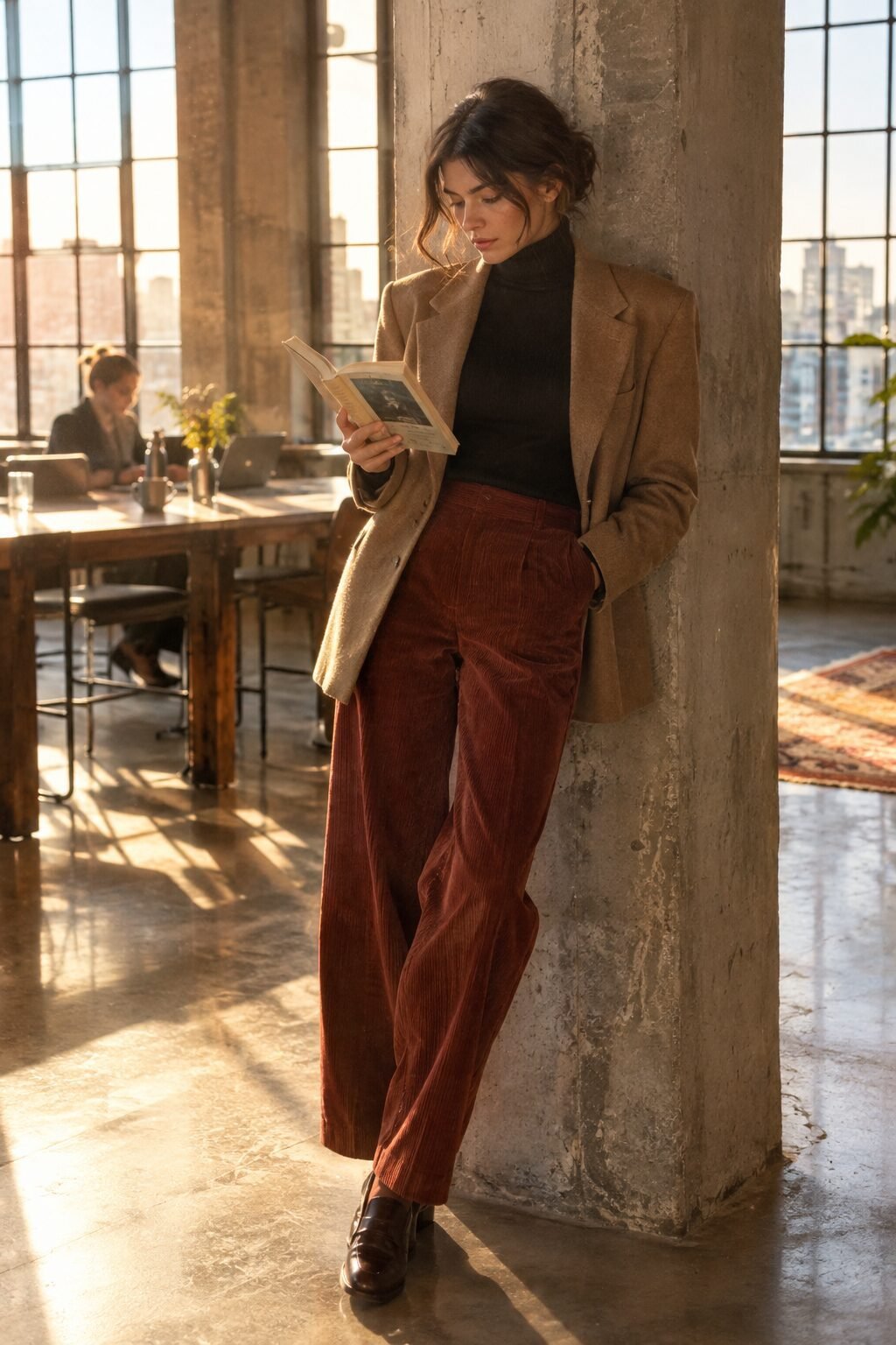 winter office outfit: rust corduroy wide-leg trousers, black turtleneck, and camel blazer for a creative office