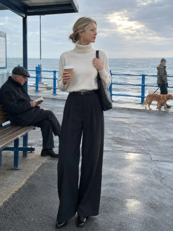 Old money outfit: fine-knit turtleneck + wide-leg trousers