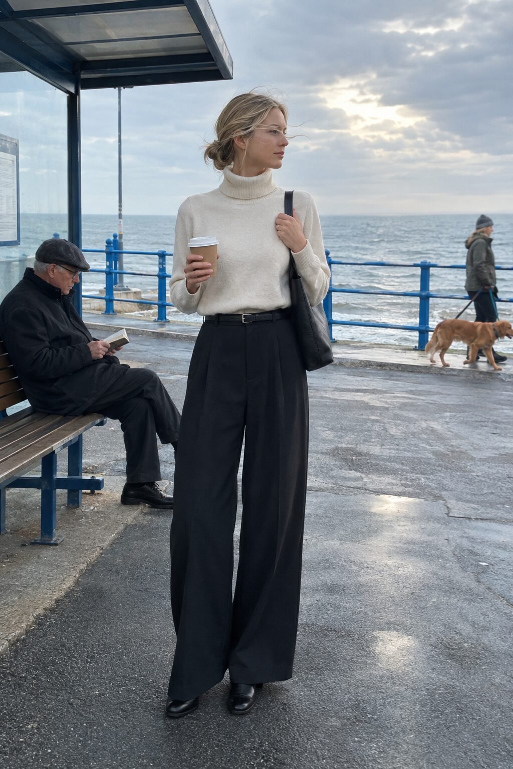 how to style wide-leg trousers with an off-white cashmere turtleneck tucked in for a cool-weather brunch or flight