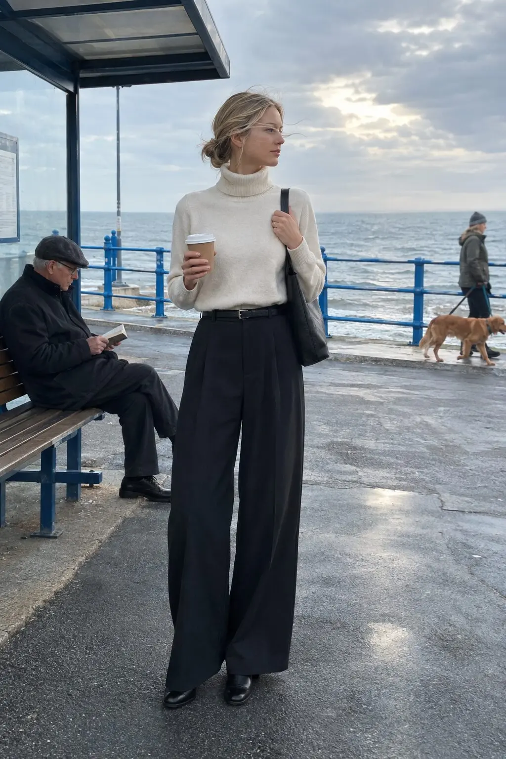how to style wide-leg trousers with an off-white cashmere turtleneck tucked in for a cool-weather brunch or flight