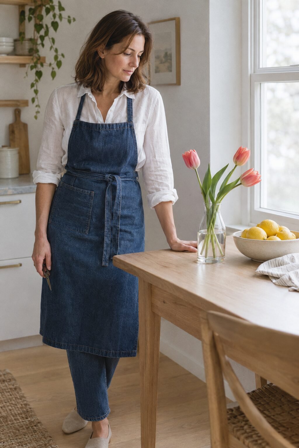 small bunch of fresh flowers in a plain glass vase on a wooden kitchen table beside a window