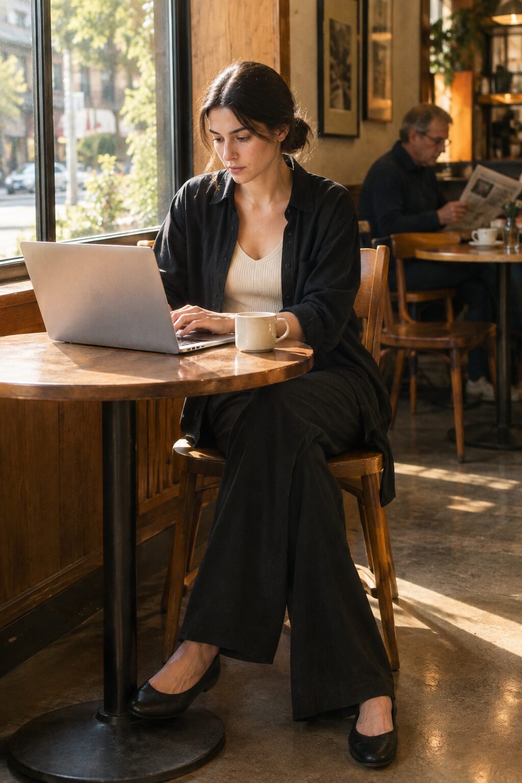 elegant coffee run outfit: black linen shirt worn open over a cream ribbed tank and black wide-leg trousers