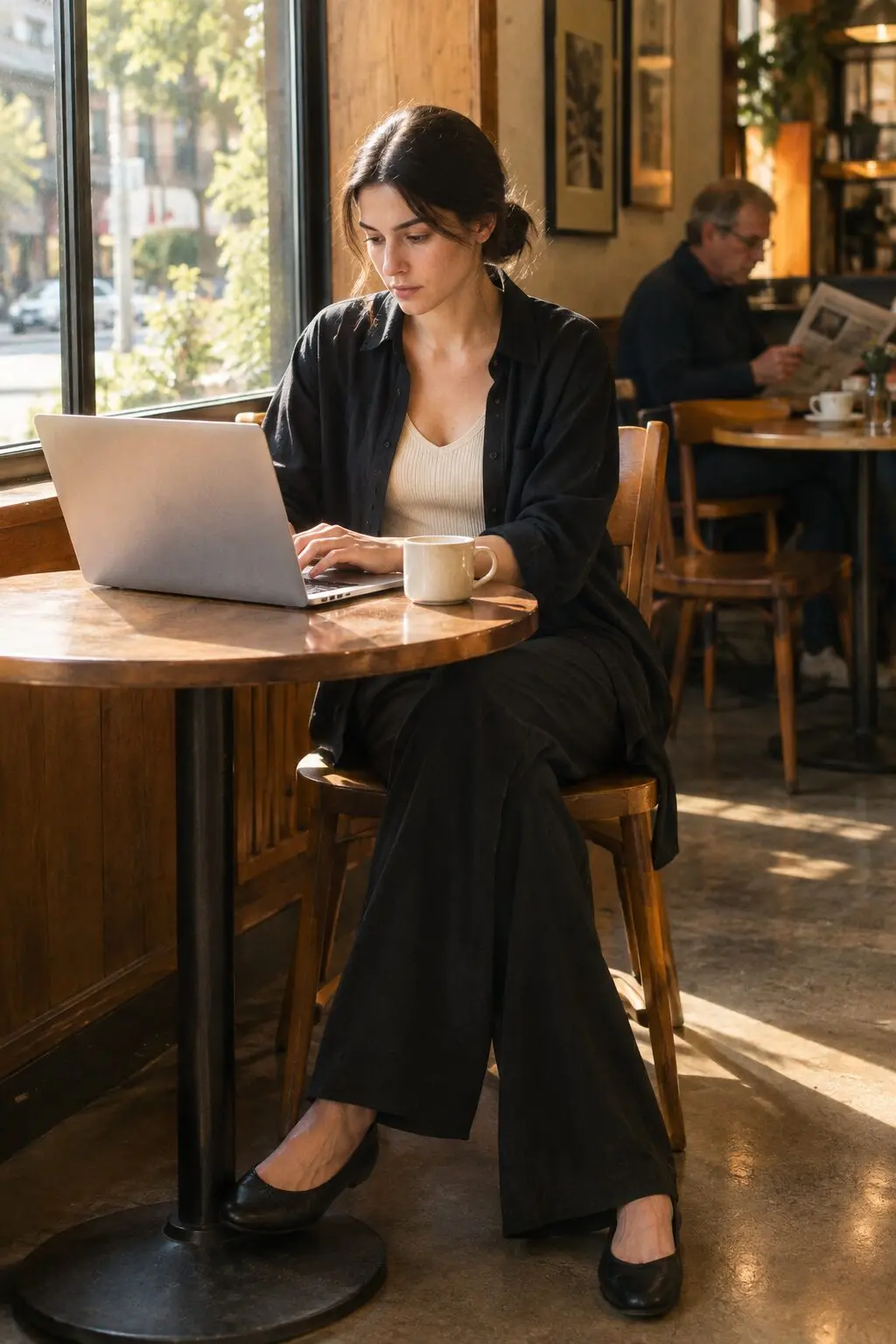 elegant coffee run outfit: black linen shirt worn open over a cream ribbed tank and black wide-leg trousers