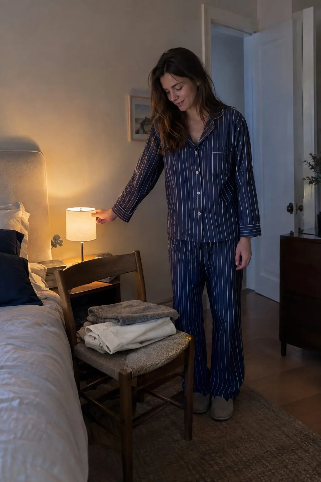 A woman placing a folded outfit on a chair and switching off a bedside lamp