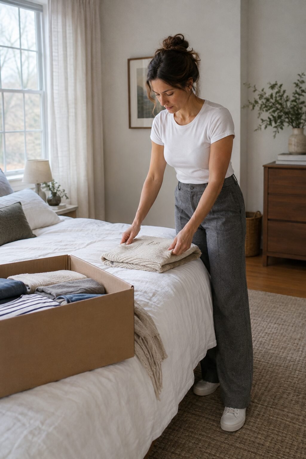 Woman folding a cream knit on a bed beside an open box of neatly folded clothes set aside for donation