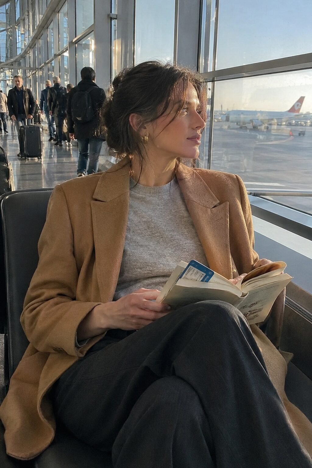 woman wearing a cashmere sweater layered under a tailored blazer for travel