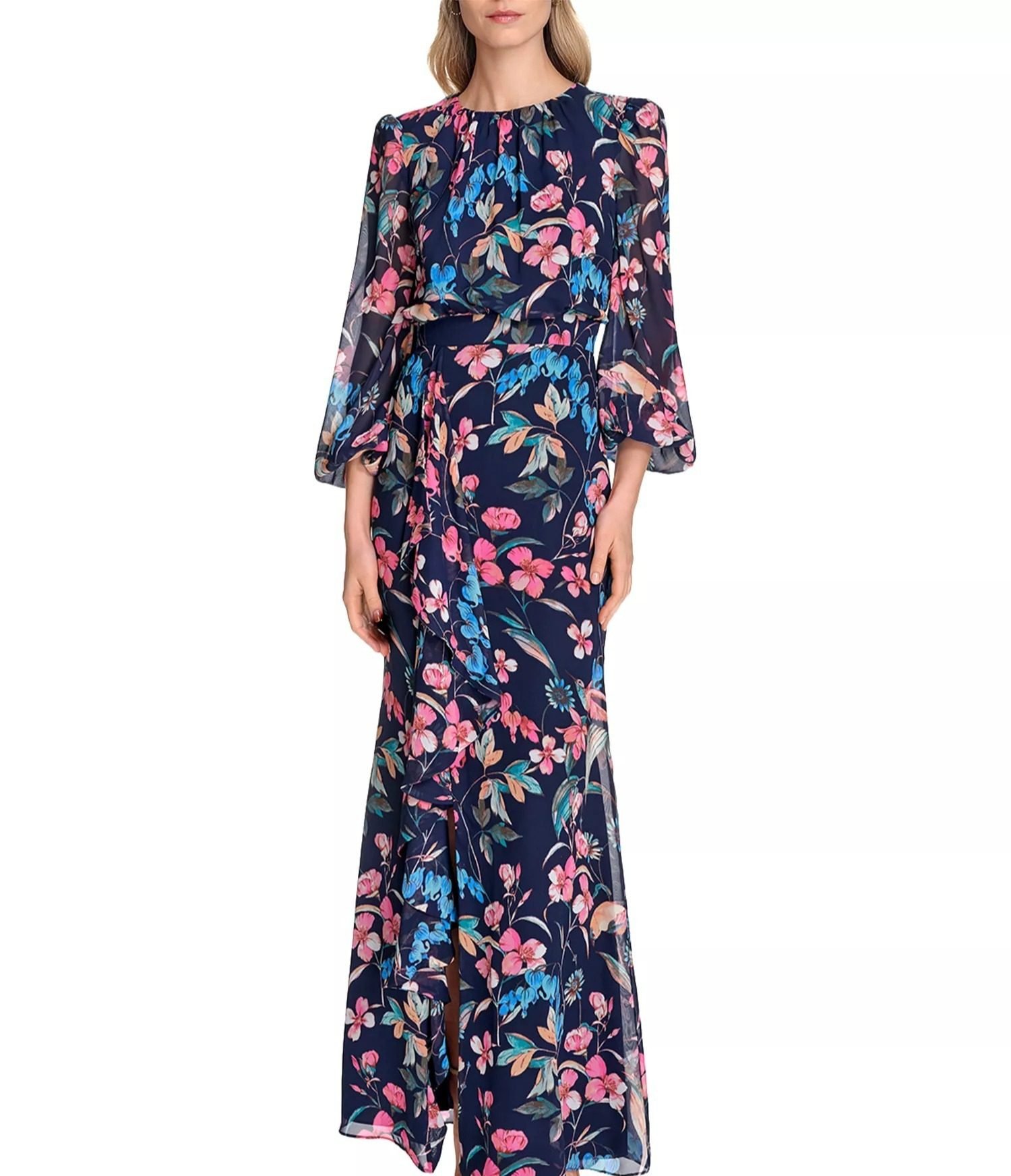 Long Sleeve Cascading Ruffle Gown