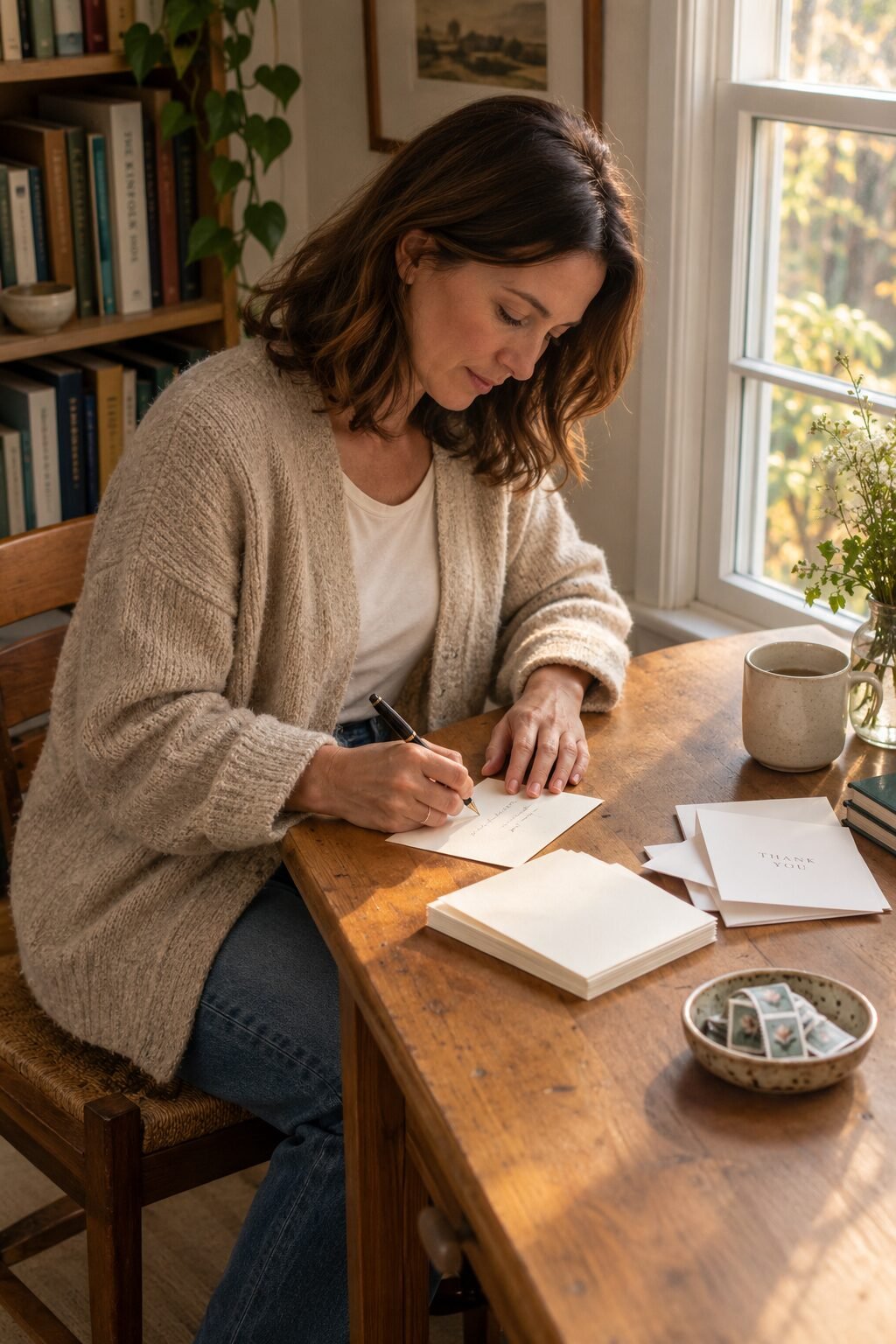 woman writing a thank-you note at a wooden desk with a fountain pen and a stack of cream cards, a thoughtful gesture