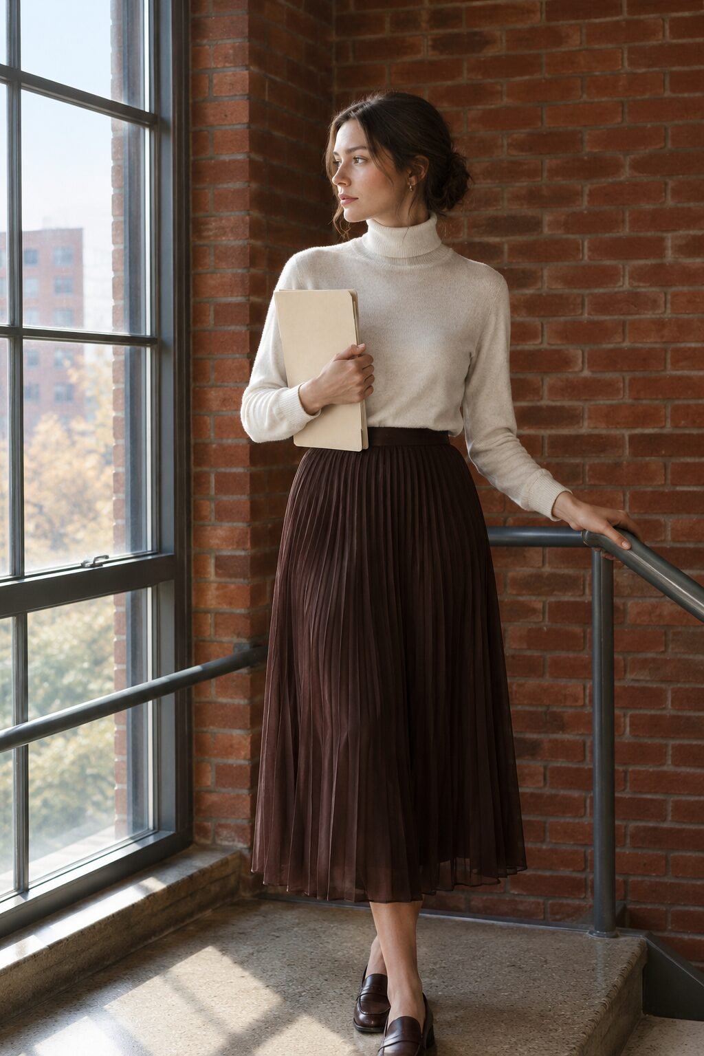 old money office outfit: dark brown chiffon pleated midi skirt with an off-white cashmere turtleneck