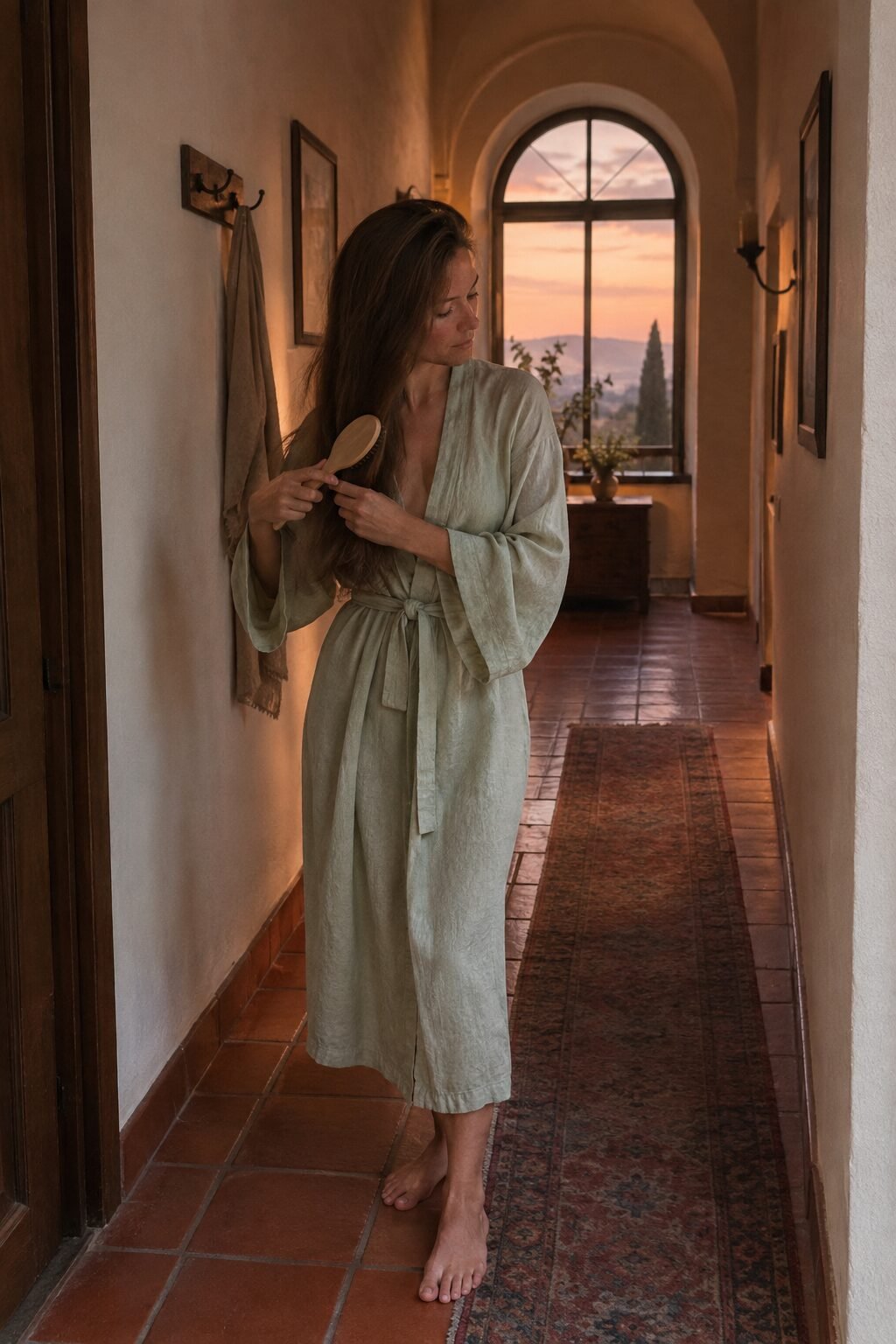 old money evening routine: a woman brushing her hair in a dim hallway wearing a robe