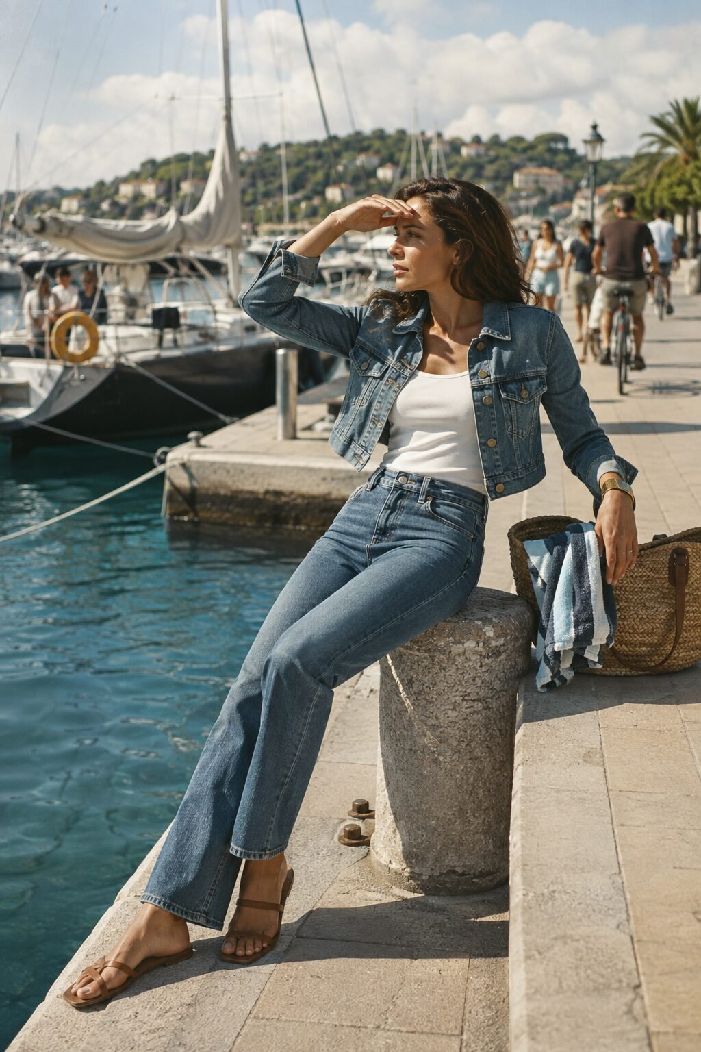 woman wearing a classic blue-wash denim jacket with a plain white tee, straight-leg jeans, and a statement gold cuff for elevated weekend casual style