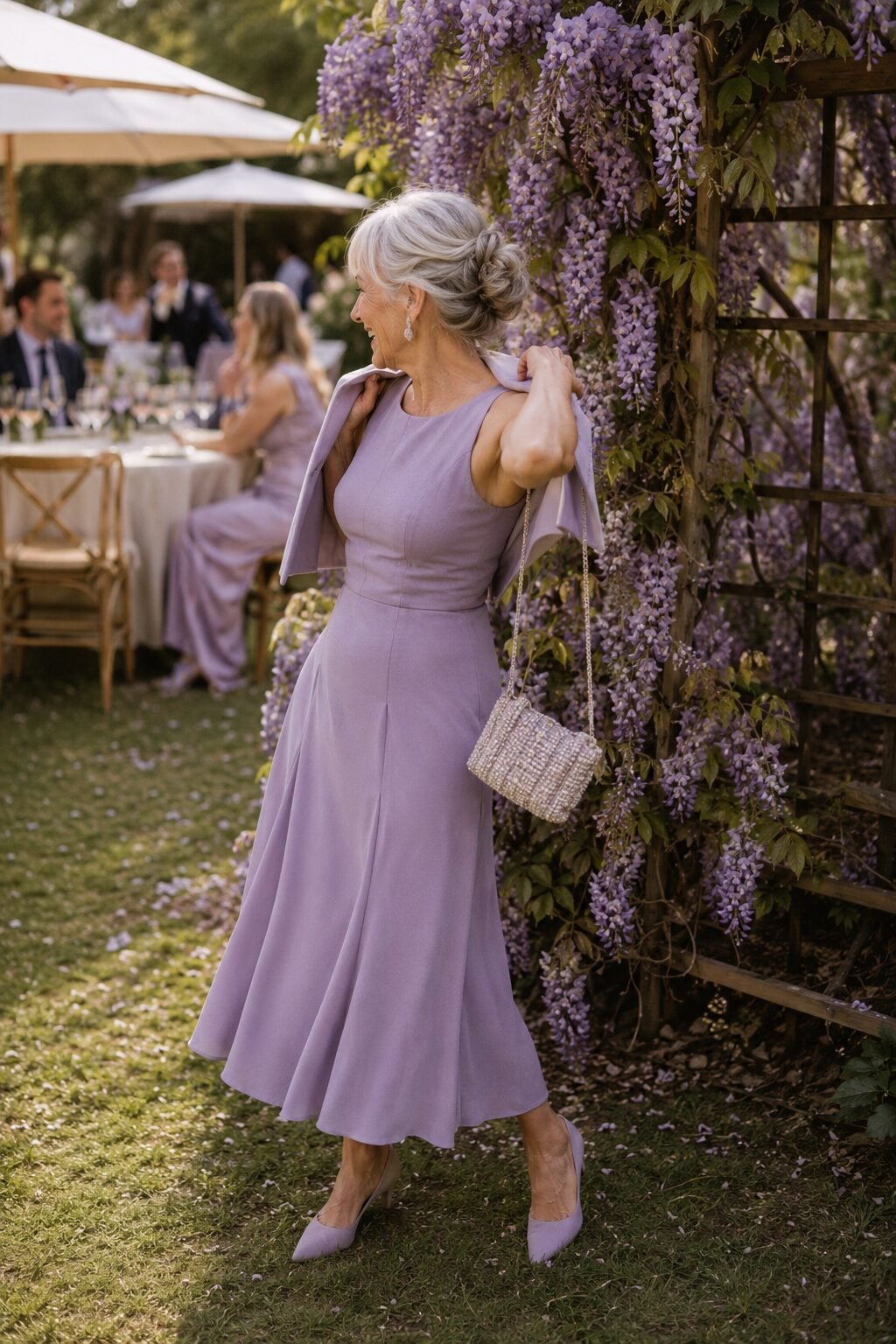 dusty lavender fit-and-flare cocktail dress with cropped bolero, grandmother of the bride outfit for a spring afternoon reception