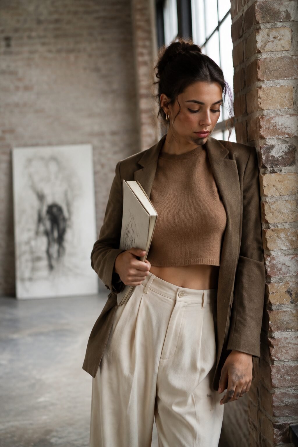 camel and cream workday outfit: cropped camel sweater and open blazer over cream wide-leg trousers
