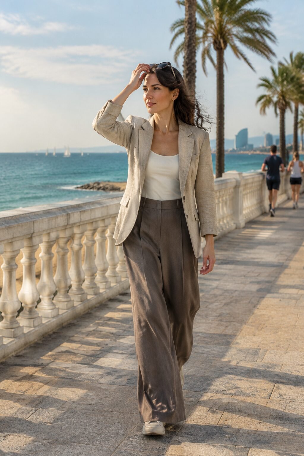 european fall outfit: flax linen blazer over a deep taupe wide-leg trouser