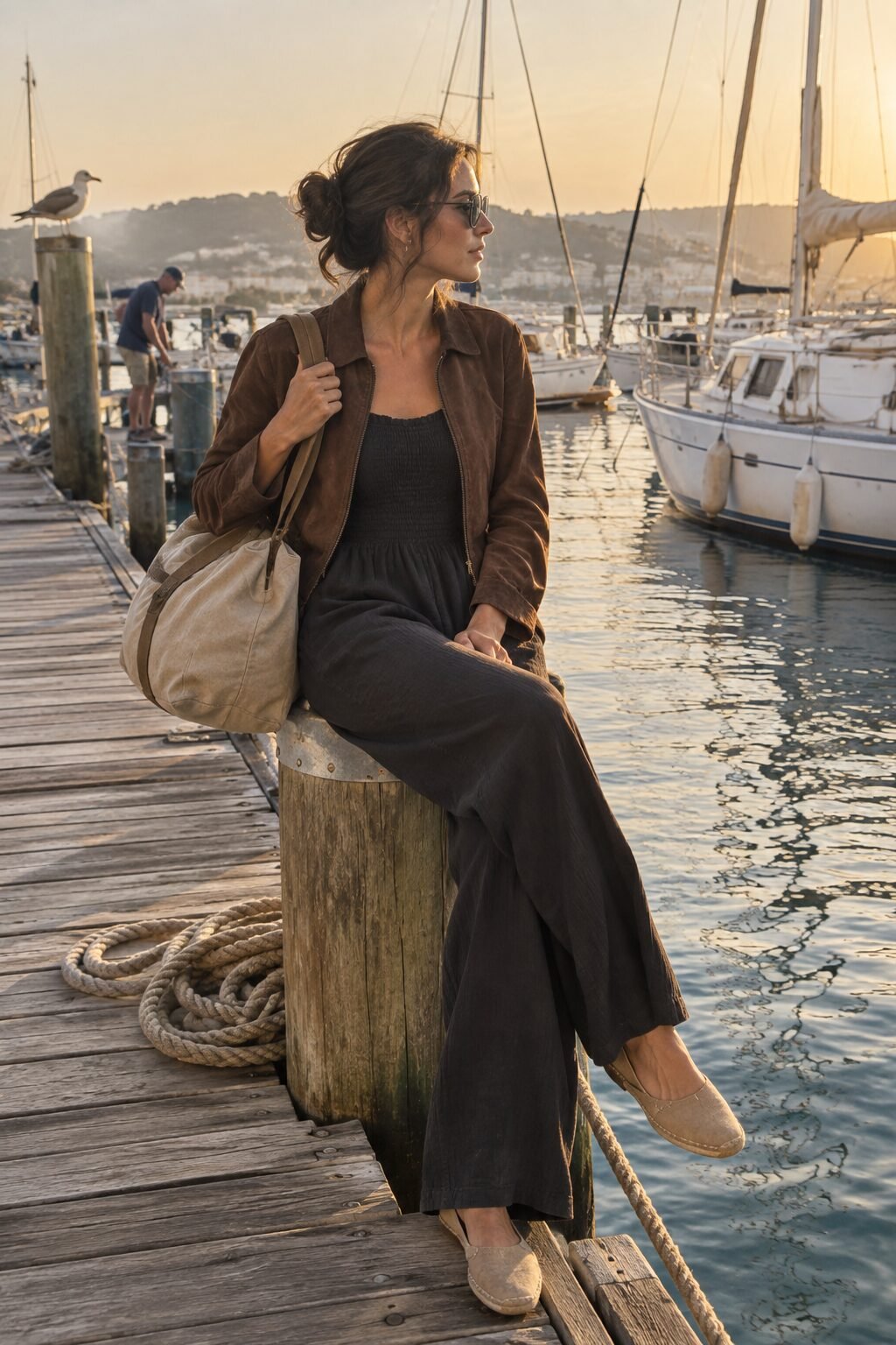 fall brunch outfit: black wide-leg jumpsuit with a cropped chocolate suede jacket