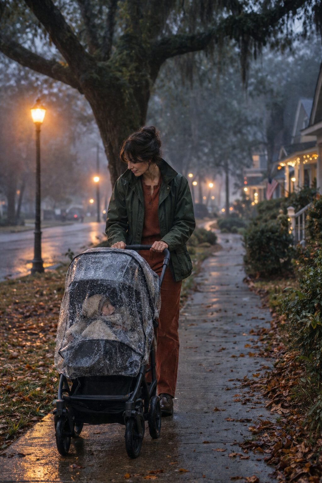 forest green wax-cotton field jacket over a waffle-knit henley and rust corduroy pants, halloween outfit for moms trick-or-treating with a stroller
