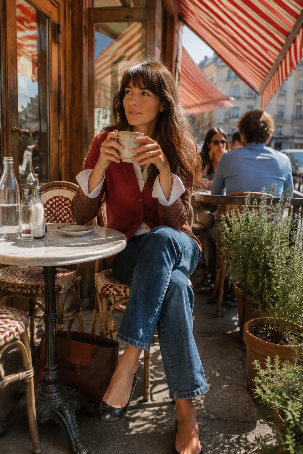 how to style a cardigan with a button-down shirt: rust cardigan over a white collared shirt for weekend brunch